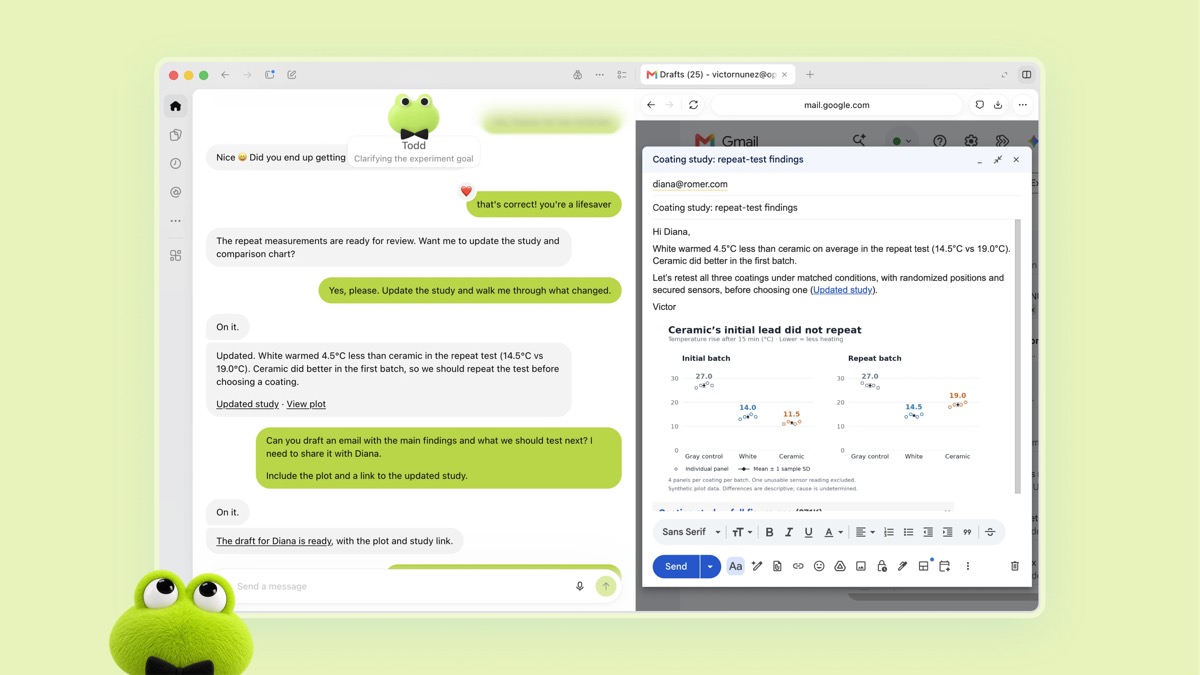 再試験の結果をもとに分析や図表を更新し、共有用のメールを下書きする活用例