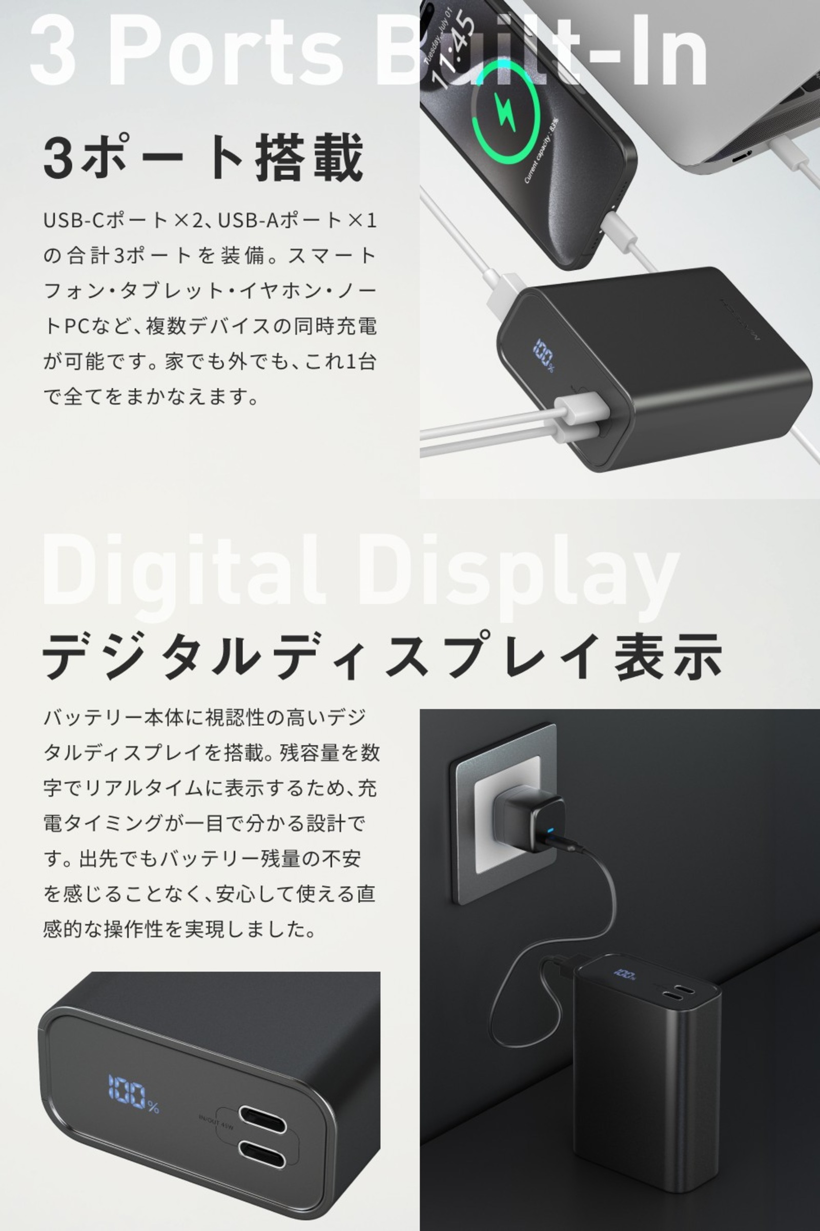 PowerCube 20000 45W 3ポート搭載・デジタルディスプレイ表示