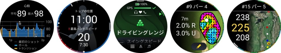 左から、ゴルフ時の身体データ、スイング指標、ドライビングレンジアクティビティ、グリーンリーディング、航空写真表示