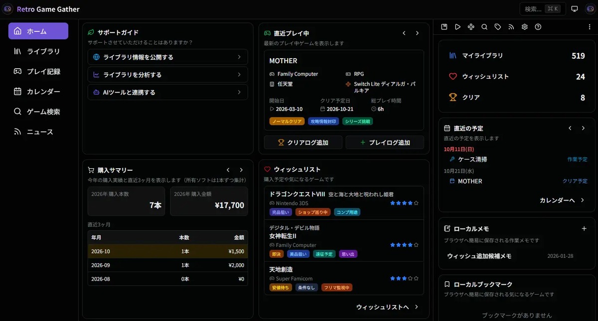 Retro Game Gatherのダッシュボード