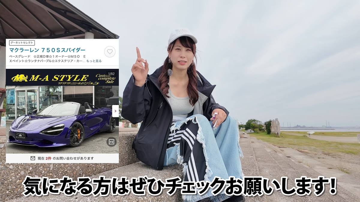 海辺で新たな愛車の納車予定などを話すあま猫