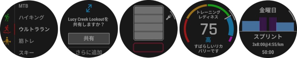 左から、アクティビティ一覧、Garminシェア、LEDフラッシュライト、トレーニングレディネス、おすすめワークアウト