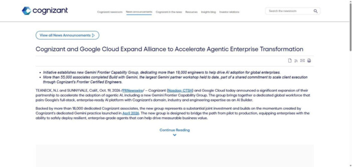 コグニザントがGoogle Cloudと提携拡大 「Gemini」に特化した組織を新設