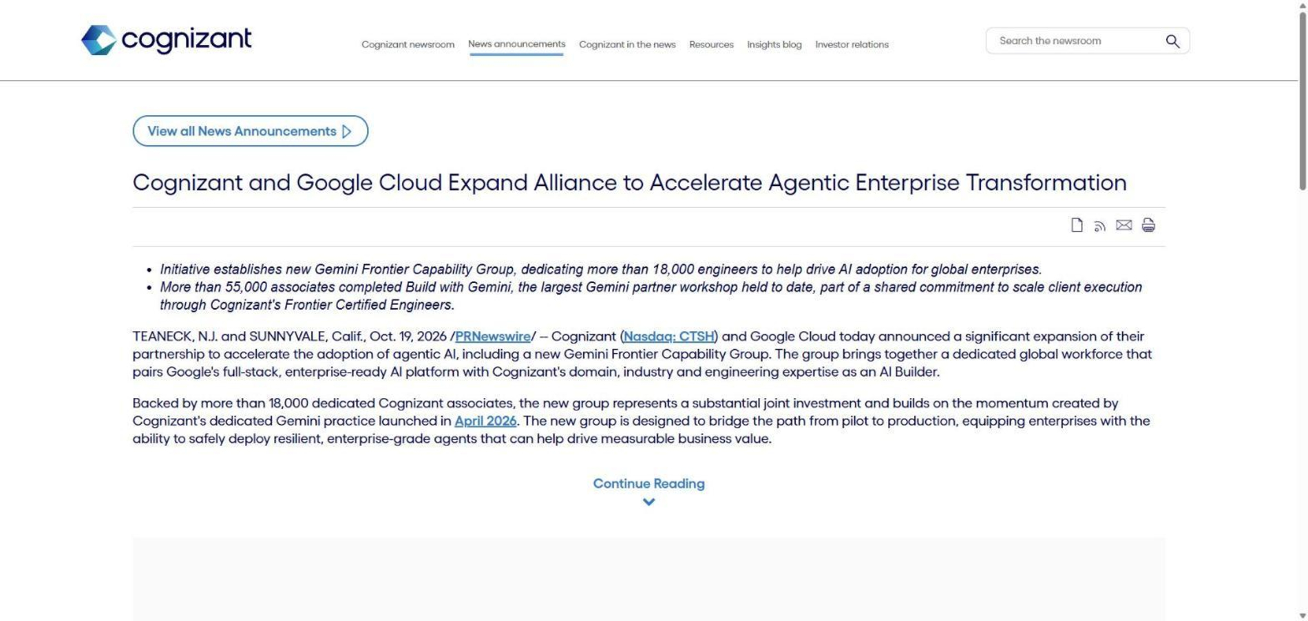 コグニザントがGoogle Cloudと提携拡大　「Gemini」に特化した組織を新設