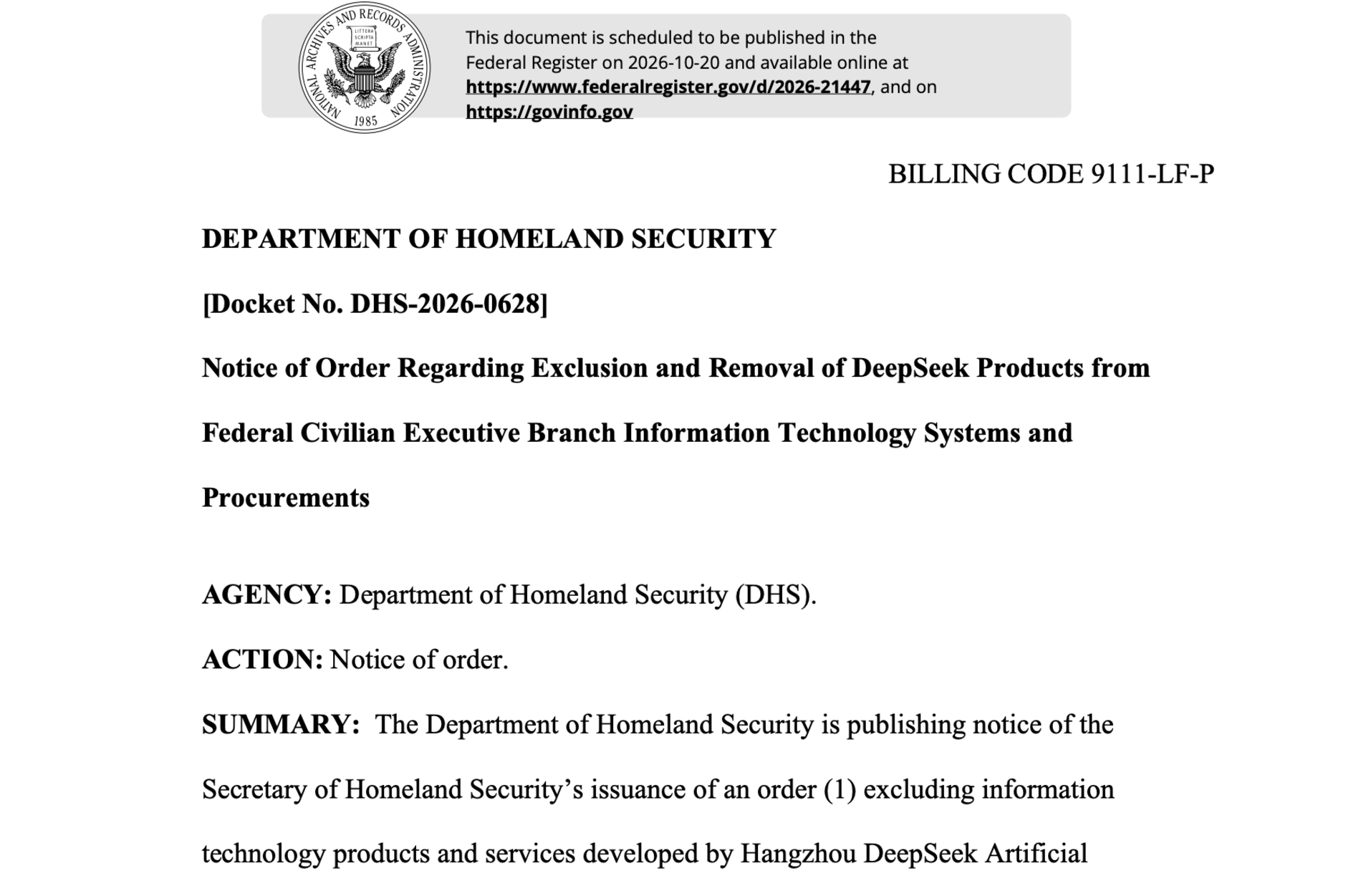 米国土安全保障省、中国DeepSeek製品を連邦民間機関から排除する命令を公示