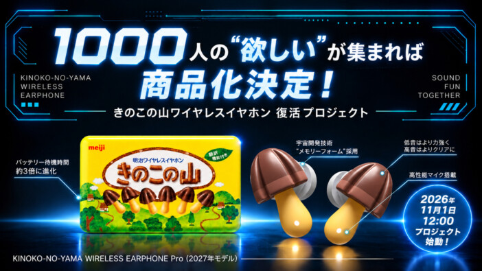 「きのこの山ワイヤレスイヤホン Pro」は1,000人の「欲しい」が集まれば商品化決定