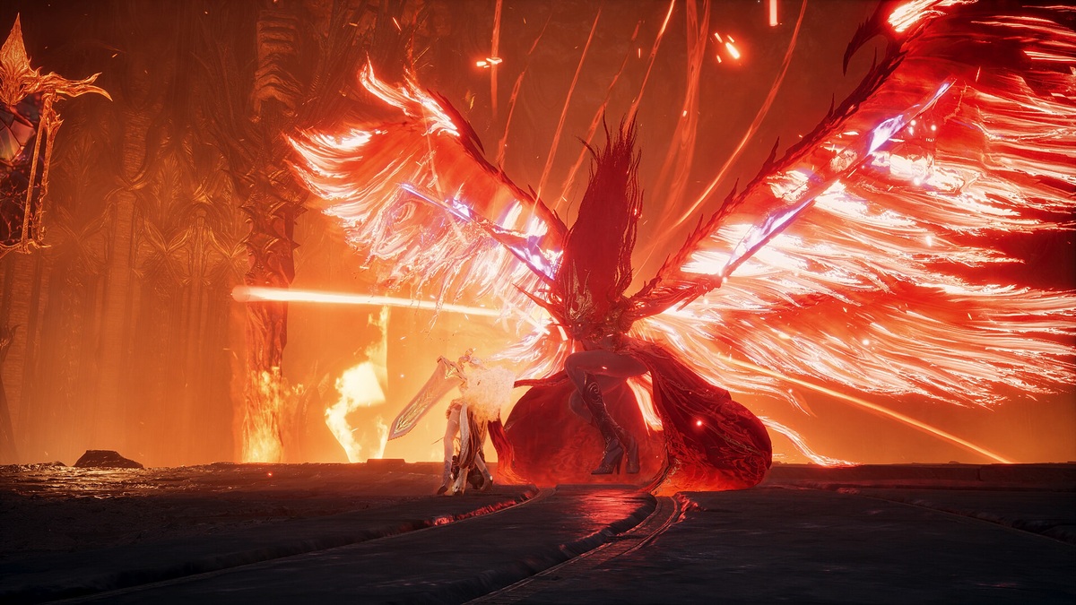 『AION2』で炎をまとった巨大な敵と戦う場面